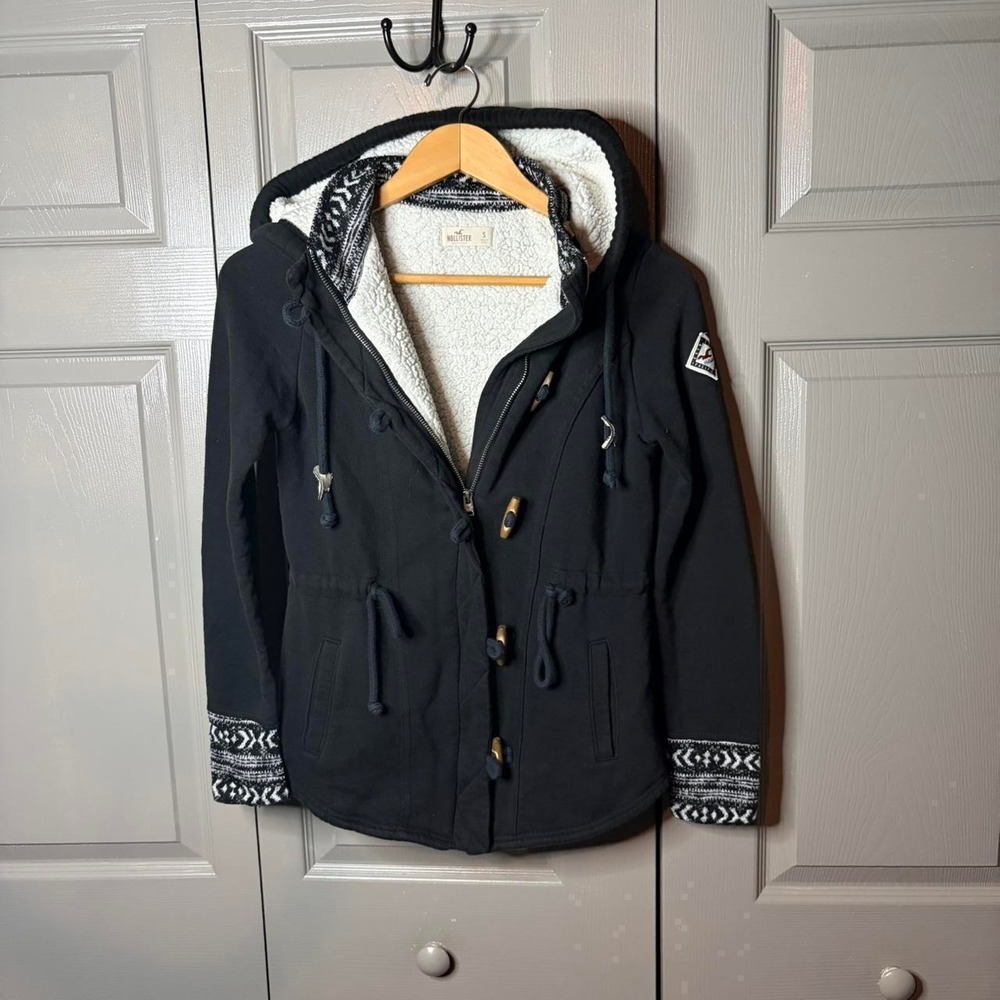 Hollister Black Sherpa Lined Toggle Zip Up Hoodie Jacket Women Small Y2K Preppy